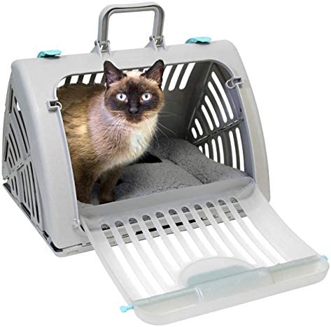 SportPet Designs Sport Pet Foldable Travel Cat Carrier with A Waterproof Bed - Front Door Plastic Collapsible Carrier, Gray (CM-10064-CS01)