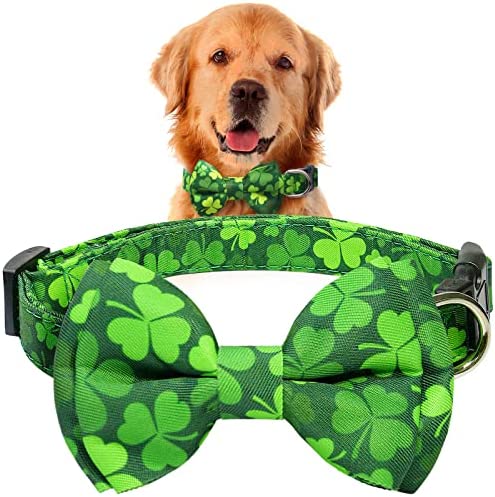 St. Patrick's Dog Bow Tie Collar, Epesiri Green Dog Collar Bow Tie with Cotton, Adjustable Four Leaf Clovers Dog Neck Bowtie, St Patrick's Day Holiday Soft Collar for Dogs Cat Small Medium Large Gift