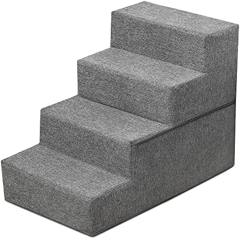 Sted Dog Stairs Pet Stairs 4 Steps, High Density Foam Dog Steps for High Bed, Non-Slip Foldable Pet Stairs with Cardboard, Removable Washable Cover, Ideal for Older Injured Small Dogs Cats, Grey