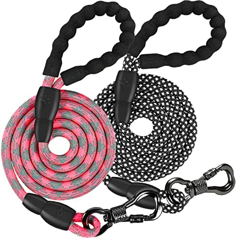 Tresbro 2 Pack 5 FT Dog Leash, 3/8" Heavy Duty Rope Leash with Swivel Lockable Hook and Reflective Threads, Puppy Lead Leash for Small Medium Large Breed Dog