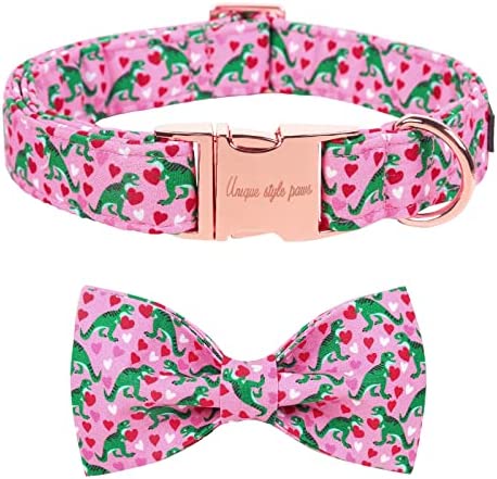 Unique style paws Dog Collar with Bowtie Pink Dinosaur & Heart Puppy Collar Suitable for Small Medium Large Dogs with Adjustable Safety Metal Buckle for Valentine's Day-M