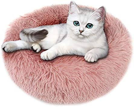otoez Round Plush Donut Pet Bed Warm Fur Cuddler Dog Cat Cushion Bed Calming Bed Non-Slip Bottom (15.7", Pink)