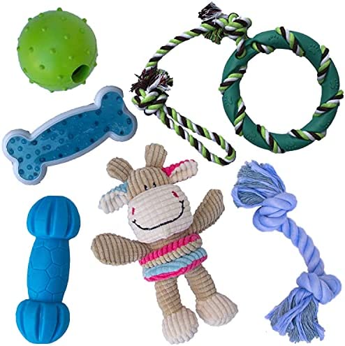 rocket & rex Dog Toy Pack, Chew Toys for Small Dogs and Dog Toys for Puppies, Safe & Non-Toxic, for Small to Medium Breeds, Includes Rope Toys, Plush Squeaky Toy, Ball and Tug of War Toy