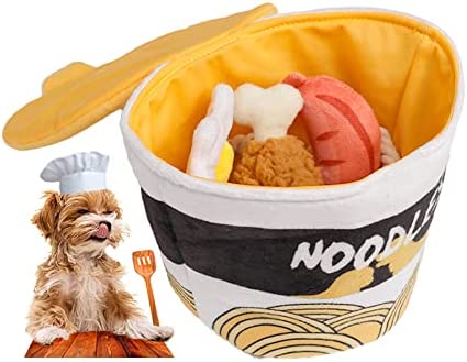wowmolly Noodle Box Squeaky Dog Toys Including Sausage, Rope, Egg, Chicken Interactive Food Plush Stuff Pet Dog Toy for Small, Medium Dog (Ramen Shaped)