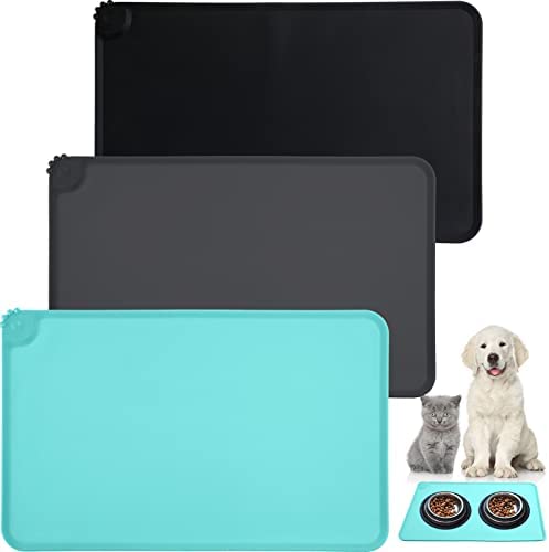 3 Packs Silicone Dog Food Mat Waterproof Pet Feeding Mat Waterproof Placemat for Dog and Cat Bowls, Raised Edges, Prevent Water Spills and Food Messes on Floor, 19 x 12 Inches, Green, Black and Gray