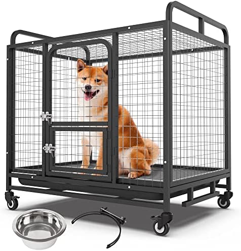 37 Inch Heavy Duty Dog Crate Cage Kennel with Wheels | Indestructible Dog Cage Escape Proof Rust Resistant Finish Double Door Durable Secure Latches