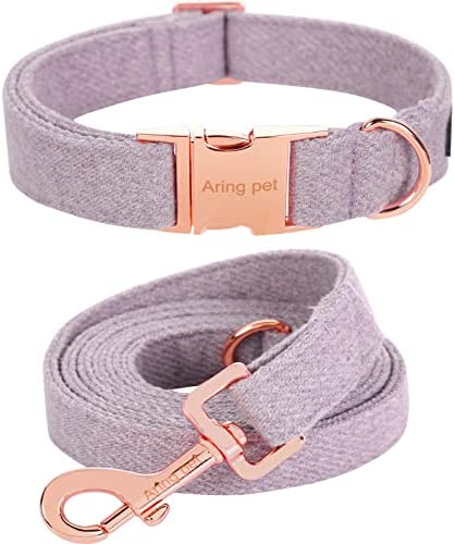 ARING PET Girl Dog Collar-Cotton Lavender Dog Collar with Leash, Adjustable Dog Collars and Leash Set with Metal Buckle for Small Medium Large Dogs