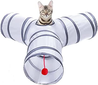 Alicedreamsky Cat Tunnel, Collapsible Tube with 1 Play Ball Kitty Toys, 3 Ways Cat Tunnels for Indoor Cats, Puppy, Kitty, Kitten, Rabbit (White and Gray)