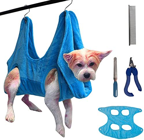 Dog Grooming Hammock - Dog, Cat Grooming Kit, Trimming Nails, Giving Eardrops, Eyedrops, Multipurpose Pet Harness (Blue) (Small)