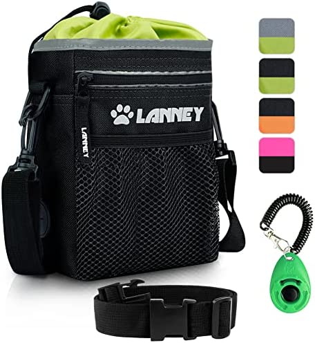Dog Treat Pouch Pet Training Bag for Small to Large Dogs, Treat Tote Carry Kibble Snacks Toys for Training Reward Walking, Metal Clip, Waist belt, Shoulder Strap, Poop Bag Dispenser, Black with Green