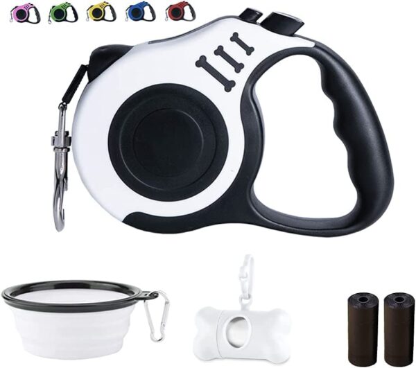 Dunhuang Retractable Dog Leash for X-Small/Small/Medium, 10ft (for Dogs Up to 22lbs), with 1 Free Portable Silicone Dog Bowl + 1 Waste Bag Dispenser + 3 Waste Bag