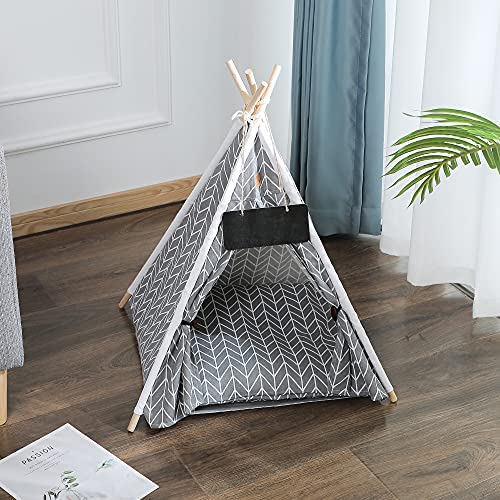GeerDuo Pet Teepee, Portable Pet Tents for Small Dogs or Cats, Puppy Sweet Bed Washable Dog or Cat Houses with Cushion(Grey,24")