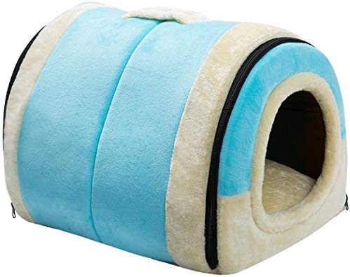 Hollypet Crystal Velvet Cat Bed, Self-Warming 2 in 1 Foldable Cave House Shape Nest Pet Sleeping Bed for Cats, Light Blue