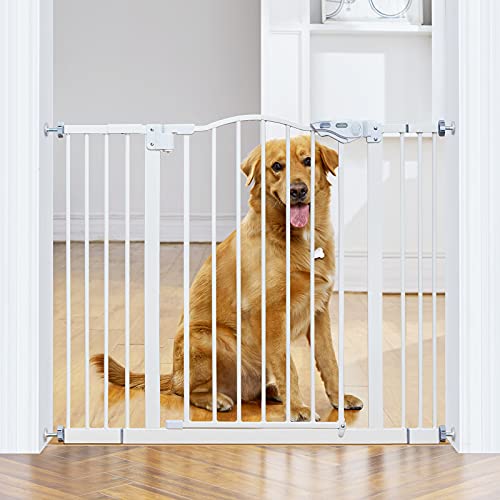 InnoTruth 29-39.6" Width Auto Close Dog Gate, 30" Tall Wide Baby Gate for Pets, Extra Wall Pressure or Hardware Mounted for Stairs, Doorways, Bedrooms, Safety Child No Drill Walk Through Gate, White