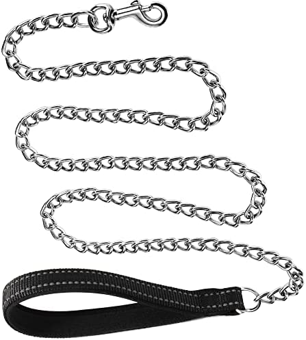 JuWow Chain Dog Leash | Metal Stainless Steel Links,Heavy Duty Chew Proof Pet Lead with Reflective Padded Handle for Medium and Large Dogs (3.0mm x 4 Foot, Black)