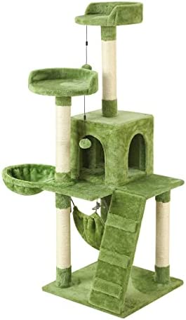 KZLAA 53in Cat Tree Cat Tower Condo Furniture Scratch Post with Natural Sisal Rope, Hammock & Cradle for Cats Kittens, Tall Cat Climbing Stand with Plush Perch & Toys (Green)