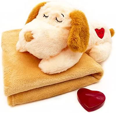 NEECONG Dog Stuffed Animals with Heartbeat and Blanket, Small Pet Toys for Puppy Anxiety Relief, Puppy Behavioral Training Aid Toy, Dog Heartbeat Plush Toy