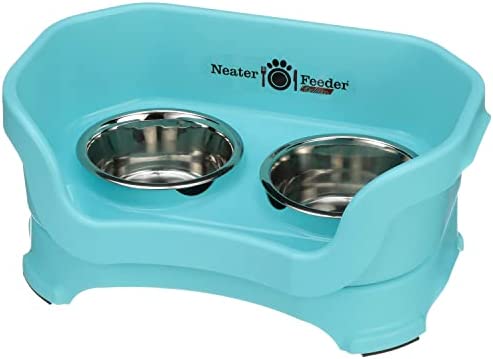 Neater Feeder Deluxe for Small Dogs - Mess Proof Pet Feeder with Stainless Steel Food & Water Bowls - Drip Proof, Non-Tip, and Non-Slip - Aquamarine