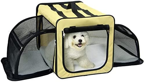 PET LIFE 'Capacious' Dual-Sided Expandable Spacious Wire Folding Collapsible Lightweight Pet Dog Crate Carrier House, Small, Khaki