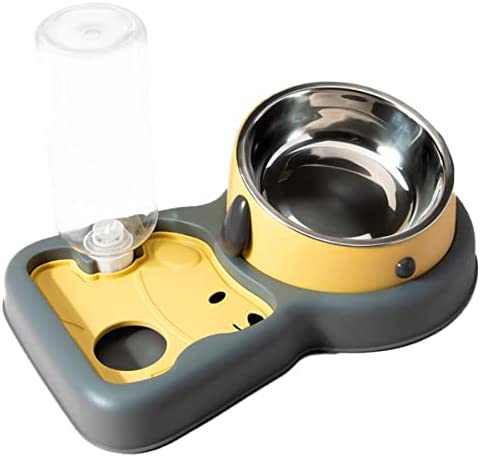 Pet Bowl with Water Bottle Food Water Dispensers and Slow Eating Feeder Three in One Removable Dog Cat Stainless Steel Bowls Anti-Choking Feeding Tray