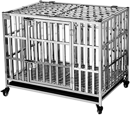 RyBuy 37" Stackable Heavy Duty Dog Crate Pet Stainless Steel Kennel Cage for Small Dogs with Tray in-Door Foldable & Portable for Animal Out-Door Travel