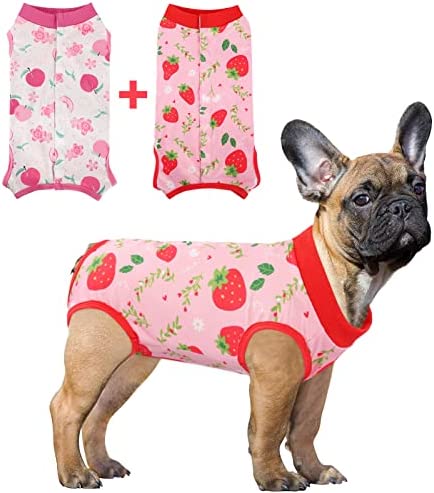 SAWMONG 2 Pack Recovery Suit for Dogs After Surgery, Dog Recovery Suit Dog Spay Surgical Suit for Female Dogs, Dog Onesie Body Suit for Surgery Male Substitute Dog E-Collar (Strawberry+ Peach,M)
