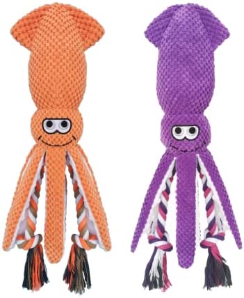 SUNKYPUP Squeaky Dog Toys, Plush Squid Dog Chew Toy with Rope for Small, Medium and Large Dogs (2 Pack)