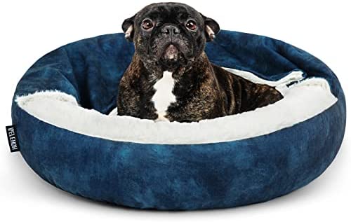 Small Dog Bed and Cat Calming Bed with Comfort Sleep Anti-Anxiety Pet Bed with Hooded Blanket Machine Washable Non-Slip Bottom Navy Blue 23x23 (Small)