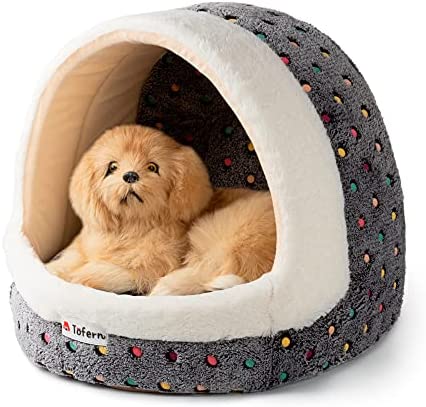 Tofern Dog Beds for Small Dog Cats Colorful Dots Pattern Striped Cute Fleece Warm Pet Bed with Removable Cover Black