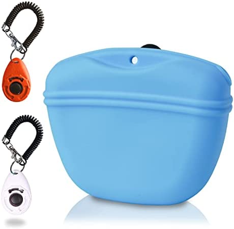 VVEIFO Silicone Dog Training Treat Pouch and Dog Clickers, Magnetic Buckle Closing and Waist Clip, Convenient Dog Training Accessory,BPA Free(Sky Blue)