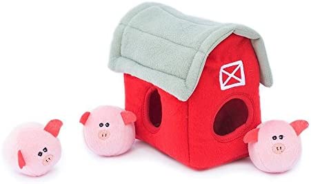ZippyPaws - Farm Pals Burrow, Interactive Squeaky Hide and Seek Plush Dog Toy - Bubble Babiez Pig Barn