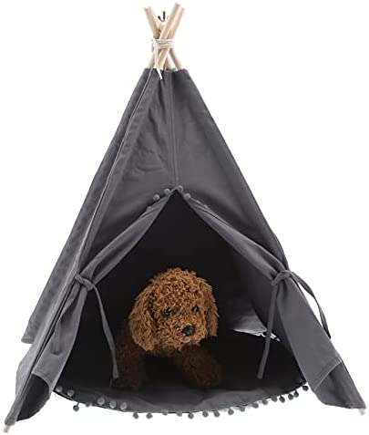 plplaaoo Pet Teepee Bed Set, Canvas Pet Tent Bed Set with Cushion and Accessory Bag, Folding Indoor Cute Dogs Play House, Removable and Washable Pet Tent for Dog or Cat [Grey]