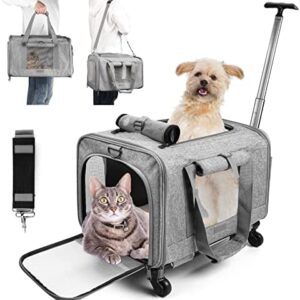 【18″*11″*11.4″】 Cat Carrier Dog Carrier Airline Approved with Removable Wheels for Small Dogs Medium Cats Under 20LBS, Escape Proof and Auto-Safe Pet Carrier with Telescopic Handle for Walking Travel