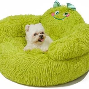 Jiupety Calming Dog and Cat Bed, Indoor High Bolster Donut Dog Beds, Comfortable Plush Cuddler Dog Bed, M(24"x24"x14") Size for Small Dogs and Cats, Cute Cartoon Soft Bed, Green.