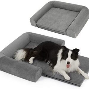 Lesure 2 in 1 Memory Foam Dog Bed for Large Dogs, Orthopedic Dog Bed Washable with Expandable Cushion and Durable Waterproof Liner Dog Lounge Pet Sofa, Grey